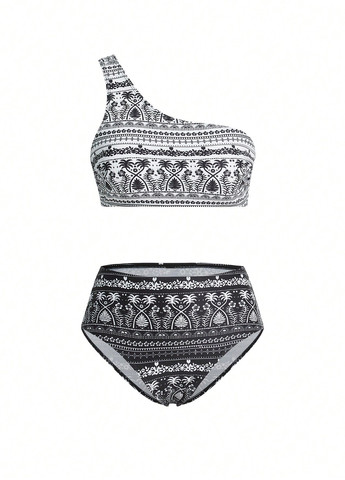 Чорно-білий літній комплект (купальний ліф, купальні трусики, накидка) топ, роздільний SHEIN