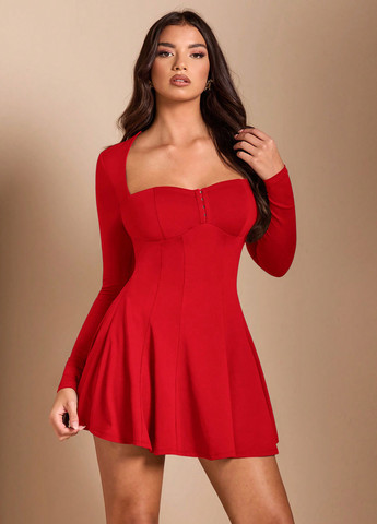 Червона святковий, коктейльна, кежуал сукня кльош SHEIN однотонна