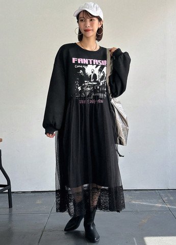 Чорна кежуал сукня сукня-світшот SHEIN з малюнком