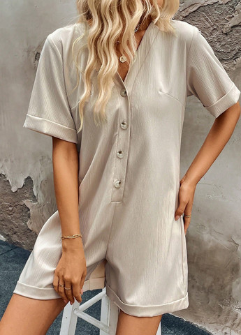 Комбинезон SHEIN комбинезон-шорты однотонный светло-бежевый кэжуал полиэстер