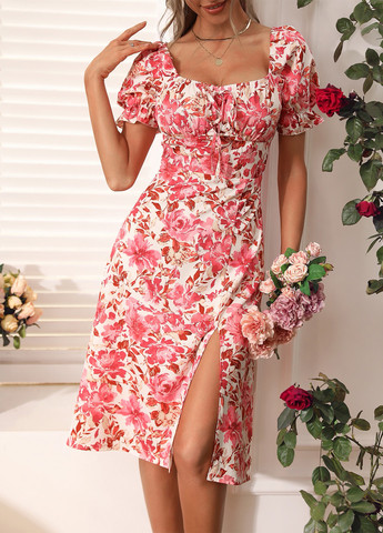 Молочное праздничный, кэжуал платье а-силуэт, с открытой спиной SHEIN с цветочным принтом