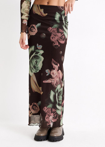 Коричневая кэжуал цветочной расцветки юбка C&A а-силуэта (трапеция)