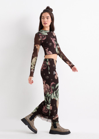 Коричневая кэжуал цветочной расцветки юбка C&A а-силуэта (трапеция)