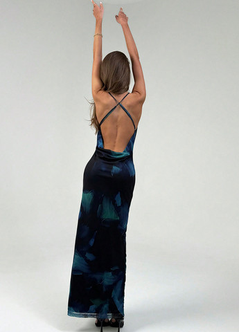 Темно-синее вечернее, кэжуал платье с открытой спиной SHEIN с абстрактным узором