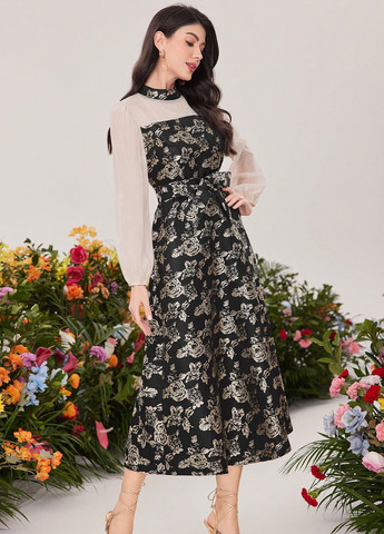 Чорна святковий, вечірня сукня кльош SHEIN з квітковим принтом