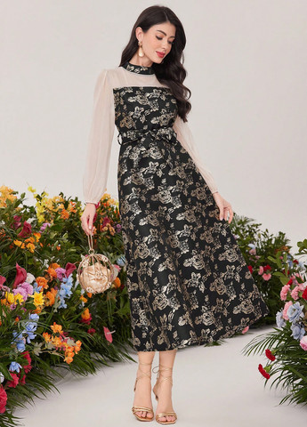 Чорна святковий, вечірня сукня кльош SHEIN з квітковим принтом