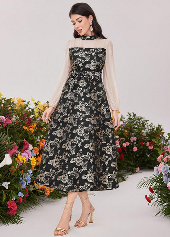 Чорна святковий, вечірня сукня кльош SHEIN з квітковим принтом