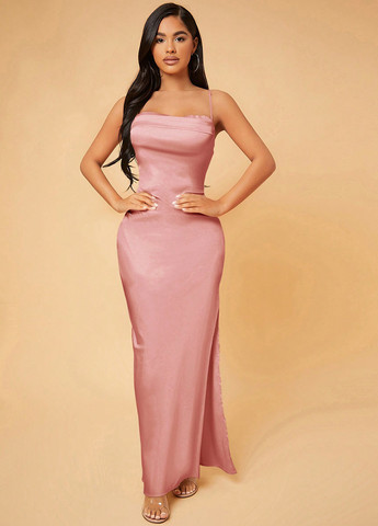 Светло-розовое вечернее платье SHEIN однотонное