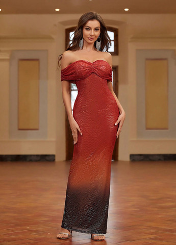 Темно-червона вечірня сукня годе, з відкритими плечима SHEIN з градієнтом