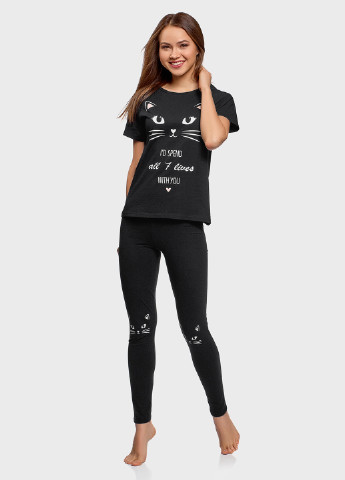 Черная всесезон пижама (футболка, леггинсы) Oodji