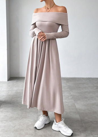 Сіро-бежева кежуал сукня кльош, з відкритими плечима SHEIN однотонна