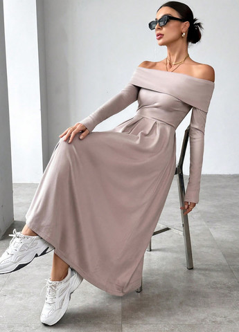 Сіро-бежева кежуал сукня кльош, з відкритими плечима SHEIN однотонна