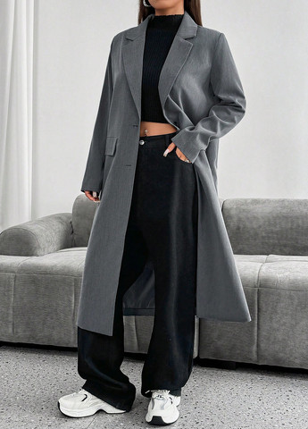 Сіре демісезонне Пальто однобортне SHEIN