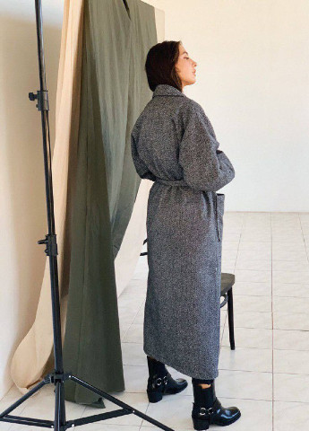 Серое демисезонное Длинное пальто Кимоно на запах с поясом ZF inspire