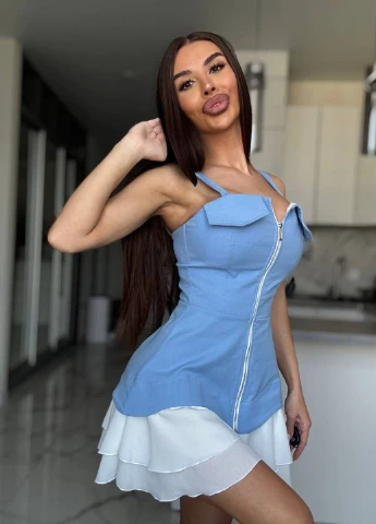 Блакитна кежуал сукня кльош Fashion колор блок