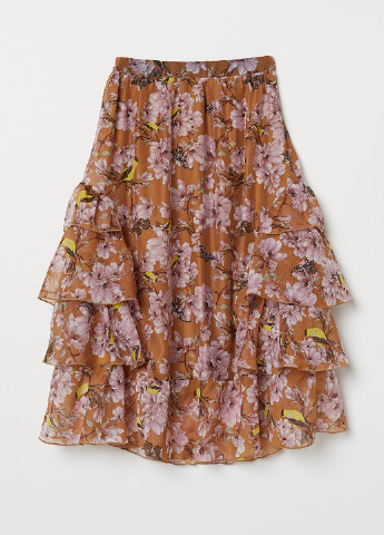 Темно-бежевая кэжуал цветочной расцветки юбка H&M а-силуэта (трапеция)
