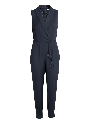 Комбинезон H&M комбинезон-брюки однотонный тёмно-синий кэжуал полиэстер, трикотаж