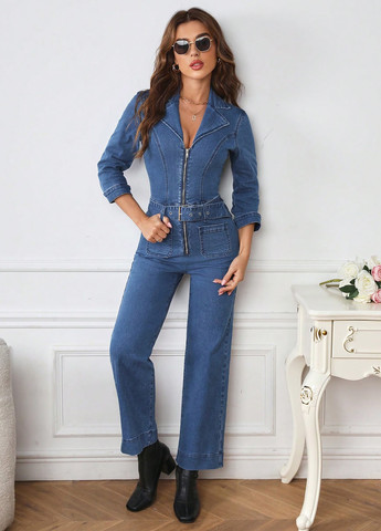 Комбинезон SHEIN комбинезон-брюки однотонный синий денил хлопок, джинс