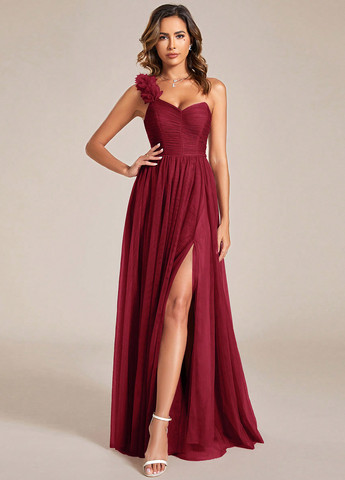 Бордовое праздничный, вечернее платье клеш, на одно плечо SHEIN однотонное