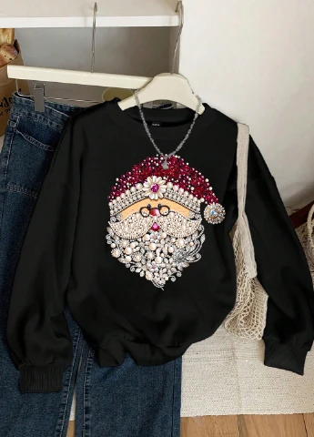 SHEIN світшот новорічний чорний кежуал поліестер, трикотаж