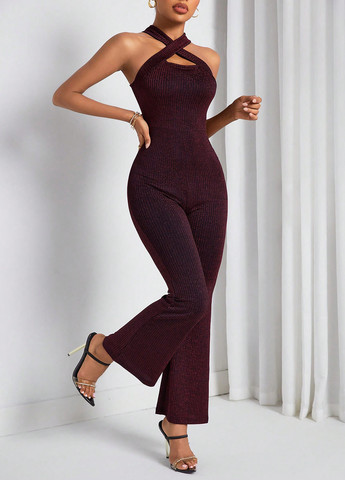 Комбинезон SHEIN комбинезон-брюки однотонный бордовый кэжуал, вечерний полиамид