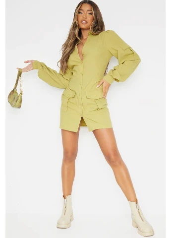Оливковое кэжуал платье рубашка PrettyLittleThing однотонное