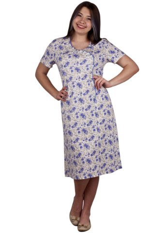 Женская сорочка с коротким рукавом Пані Яновська СР-01-02 цветочная голубая домашняя кулир