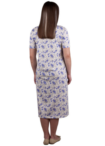 Женская сорочка с коротким рукавом Пані Яновська СР-01-02 цветочная голубая домашняя кулир