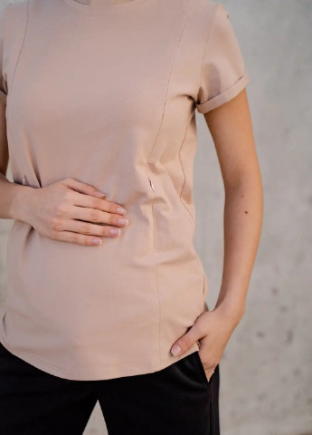 Бежевая всесезон футболка для беременных и кормящих бежевая с секретом кормления однотонная хлопковая To Be