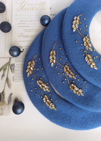 Берет зі 100% вовни, вишивка ручної роботи, берет осінь-зима синього кольору Ksenija Vitali (255614465)