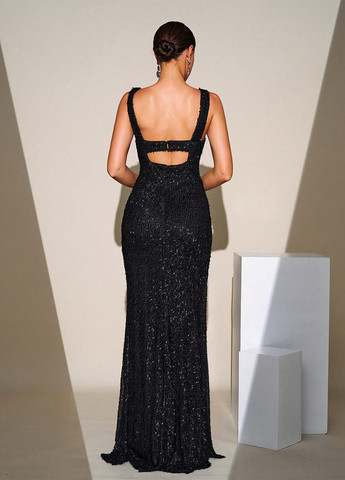 Черное вечернее платье с открытой спиной SHEIN однотонное
