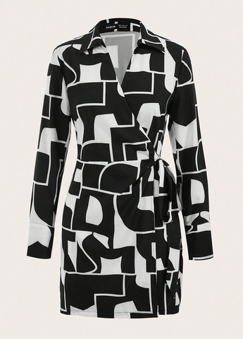 Черно-белое кэжуал платье на запах SHEIN с геометрическим узором