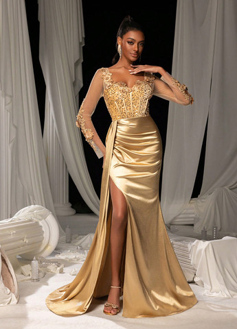 Золотистое вечернее платье годе, со шлейфом, с корсетом SHEIN однотонное