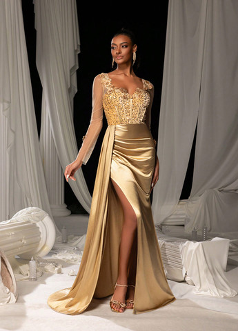 Золотистое вечернее платье годе, со шлейфом, с корсетом SHEIN однотонное