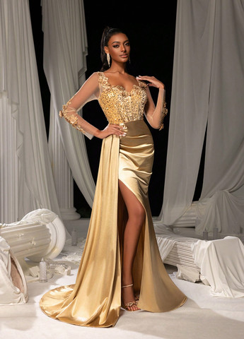 Золотистое вечернее платье годе, со шлейфом, с корсетом SHEIN однотонное
