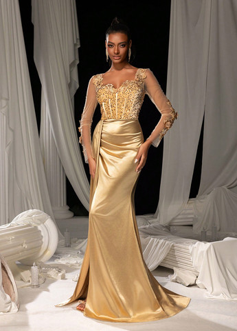 Золотистое вечернее платье годе, со шлейфом, с корсетом SHEIN однотонное