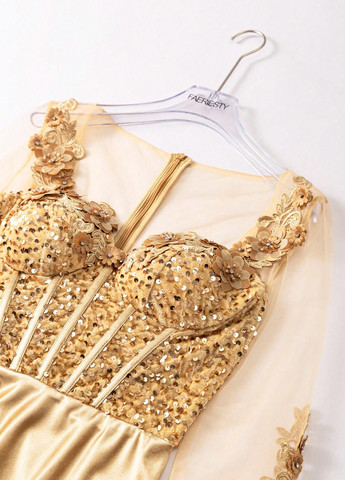 Золотистое вечернее платье годе, со шлейфом, с корсетом SHEIN однотонное