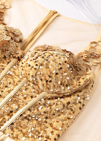 Золотистое вечернее платье годе, со шлейфом, с корсетом SHEIN однотонное