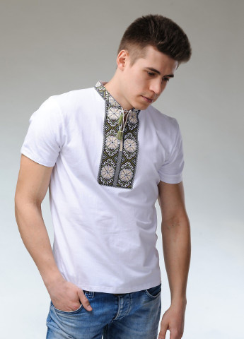 Біла вишиванка з коротким рукавом сонечко біла Melanika візерунок геометричний приталена бавовна органічна (249631194)