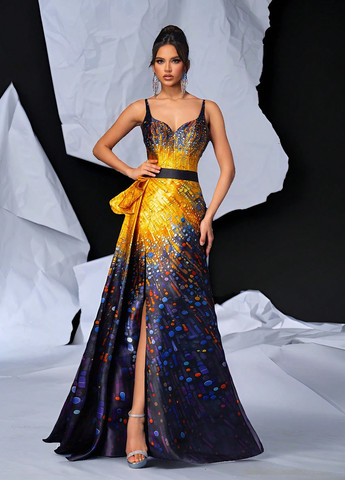 Комбинированное вечернее платье с пышной юбкой SHEIN колор блок