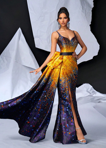 Комбинированное вечернее платье с пышной юбкой SHEIN колор блок