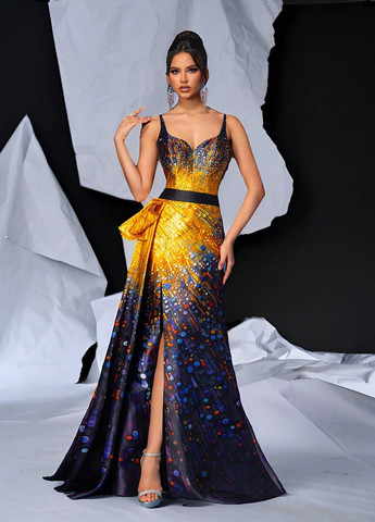 Комбинированное вечернее платье с пышной юбкой SHEIN колор блок