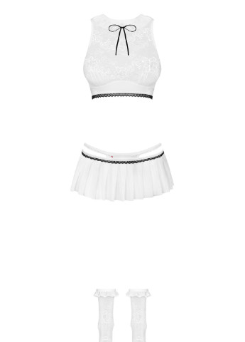 Білий демісезонний еротичний ігровий костюм (топ, стрінги з рюшами спідничкою, носочки) Obsessive