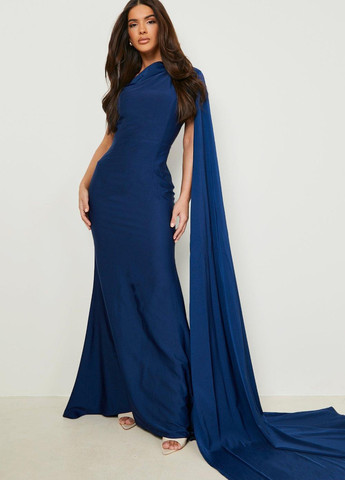 Темно-синя святковий, вечірня сукня зі шлейфом Boohoo однотонна