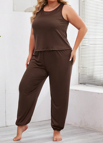 Коричневый демисезонный комплект (халат, топ, брюки) SHEIN