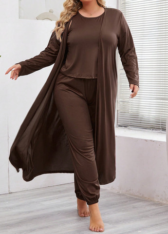 Коричневый демисезонный комплект (халат, топ, брюки) SHEIN