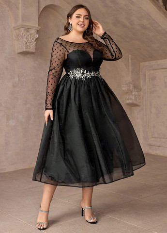 Чорна вечірня сукня з спідницею-сонце, з відкритою спиною SHEIN в горошок