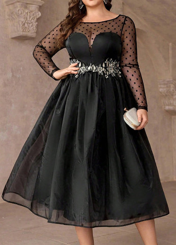 Чорна вечірня сукня з спідницею-сонце, з відкритою спиною SHEIN в горошок