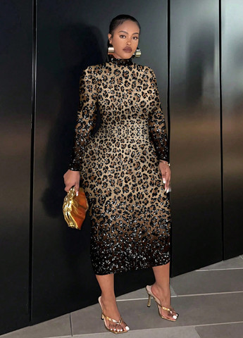 Світло-бежева святковий, вечірня сукня сукня-водолазка, футляр SHEIN леопардовий
