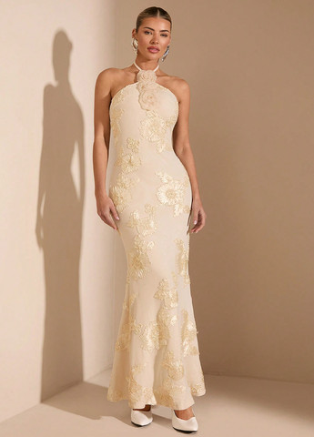 Кремова вечірня сукня з відкритою спиною SHEIN однотонна